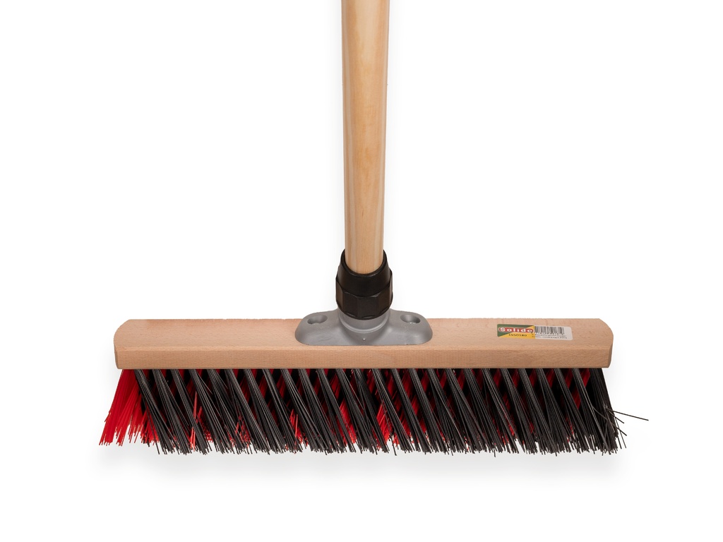 Bezem, model X, Solide met stokhouder, 40 cm breed PPN zwart/rood met steel 150 x 2,8 cm , ingekort op 0,5 cm