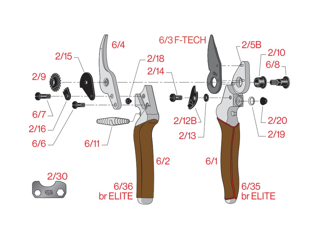 Snoeischaar met F-Tech bovenmes, leder comfort  handgrepen en sluitclip met extra 'halve stand'
