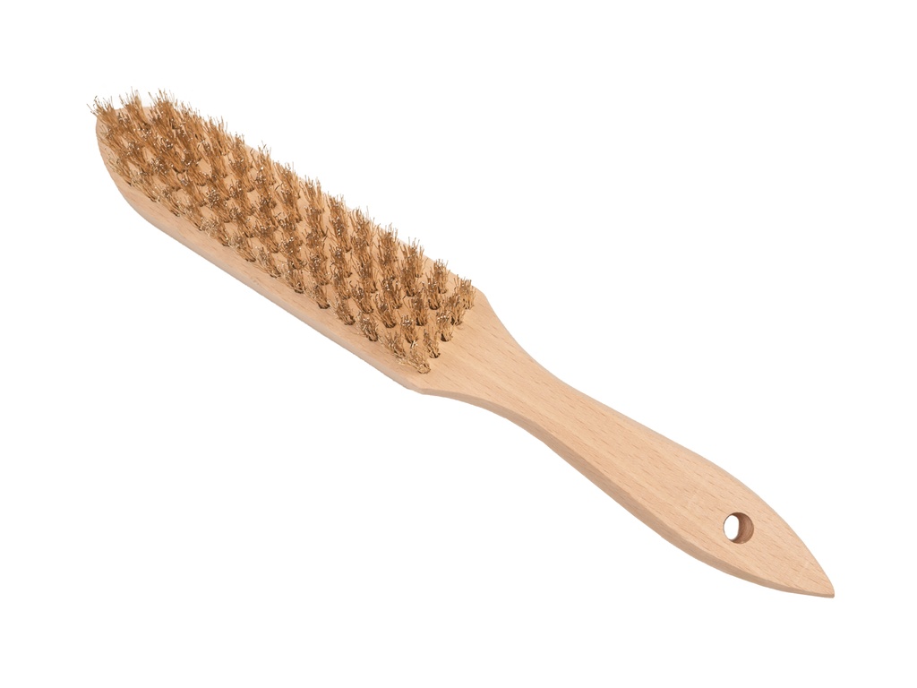 Handborstel 5 rijen, gegolfd gehard vermessingd staaldraad, met HOUTEN greep