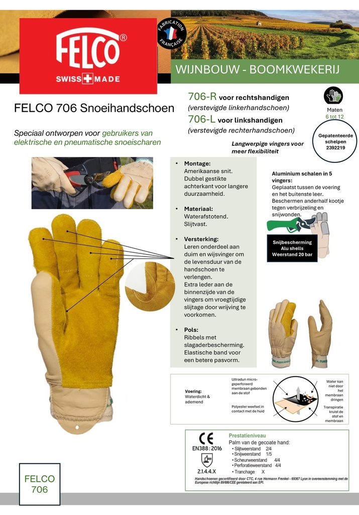 Veiligheidshandschoen FELCO 706R 12 maat XL, voor linkerhand