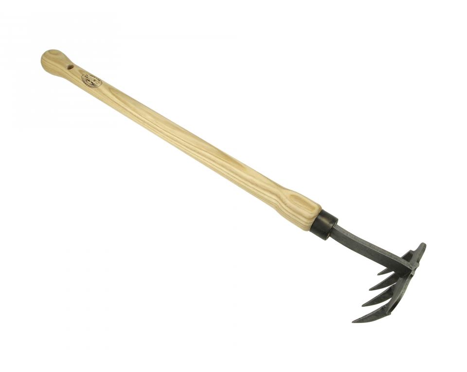 [1025037] Handhark DE WIT 4 tands, met gedraaide tanden en ESSEN knopsteel 48 cm