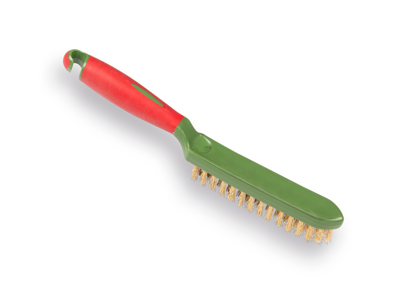 Staalborstel met gegolfd gehard staaldraad, met handgreep en ophanghaak