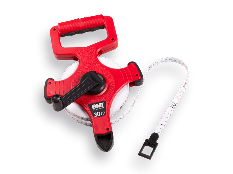 Meetband BMI 30 meter glasvezel, kruishaspel met markeerpunt en ring