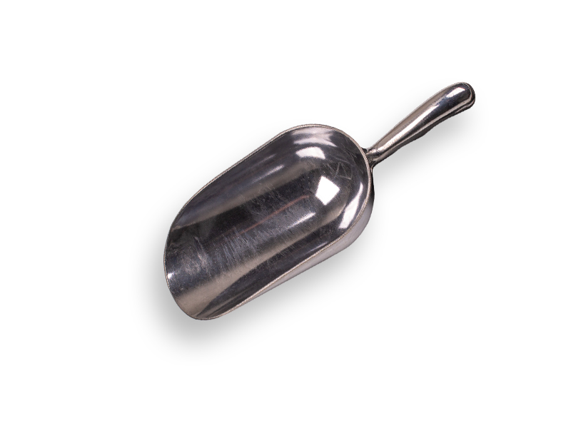 [29796] Meelschep aluminium 900 gram, 9,5 x 18,5 cm, rond model, lengte 27 cm