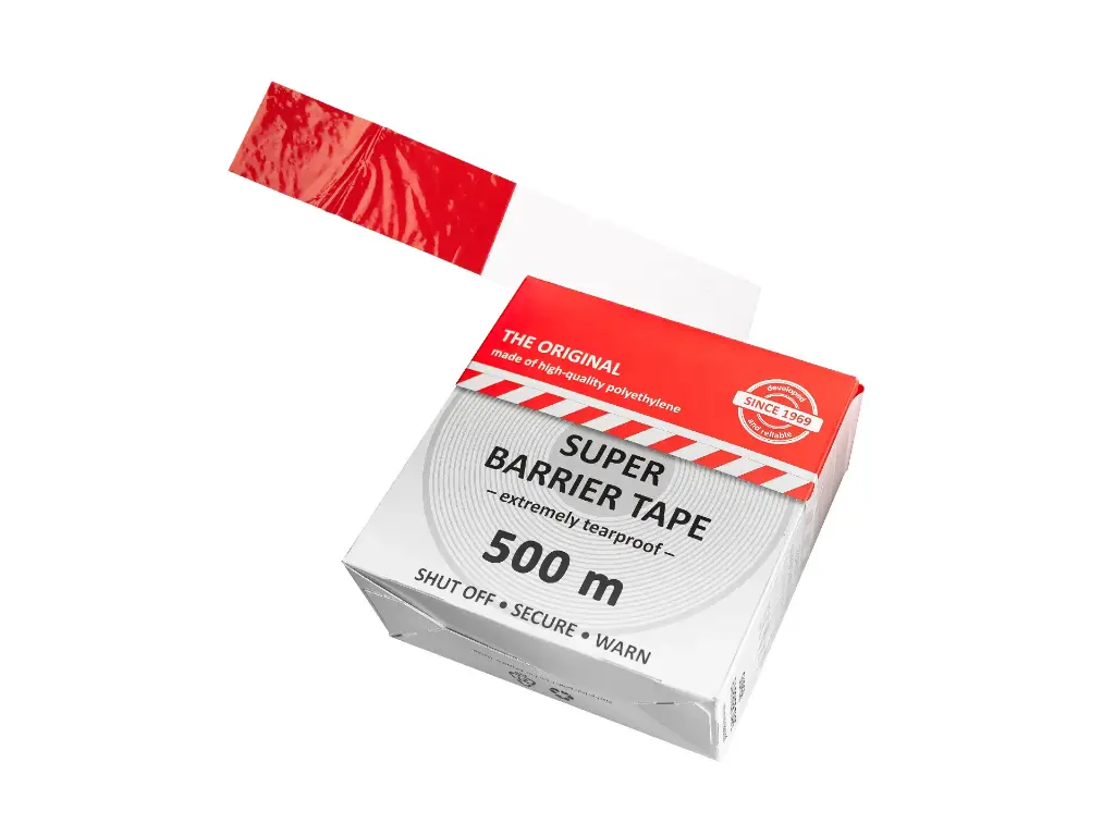 Afzetband KONVOX rood-wit 500 mtr x 8 cm, trekvast PE, in dispenserdoos