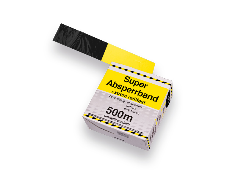 Afzetband KONVOX geel-zwart 500 mtr x 8 cm, trekvast PE, in dispenserdoos